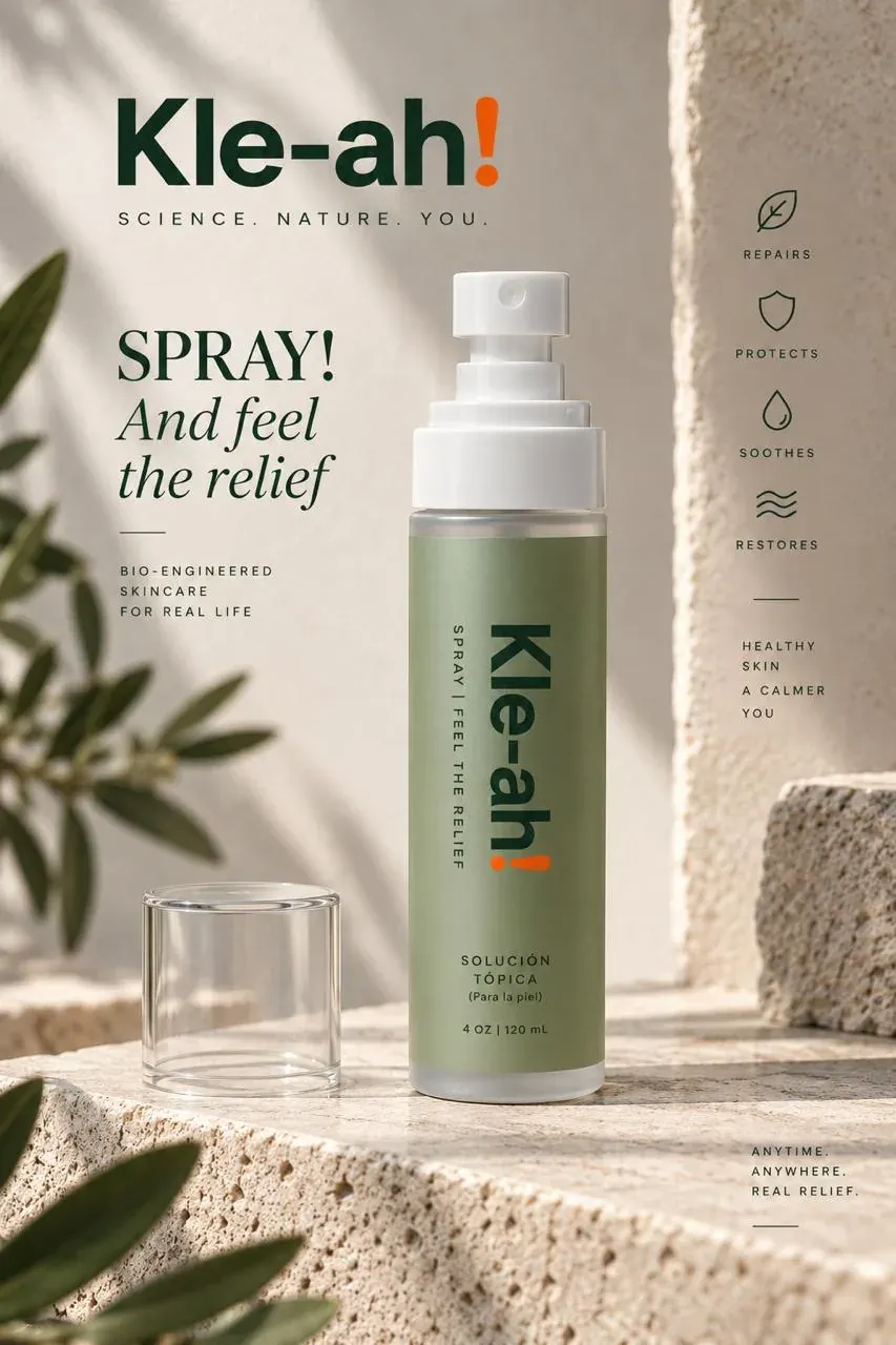 Kle-ah: science, nature and you Kle-ah HOCl topical skin spray bottle on a stone ledge with soft light and leaves